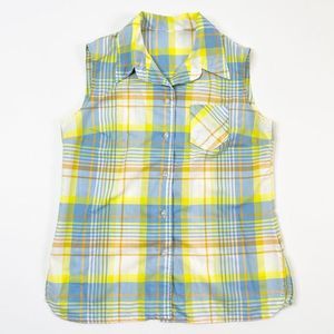 Vintage Plaid Sleeveless Button Up Blouse